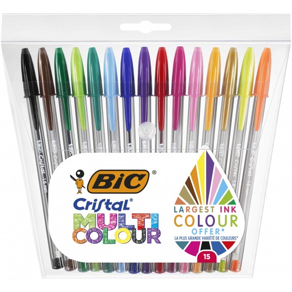 BIC CRISTAL MULTI COLOUR - POCHETTE DE 15 COULEURS ASSORTIES