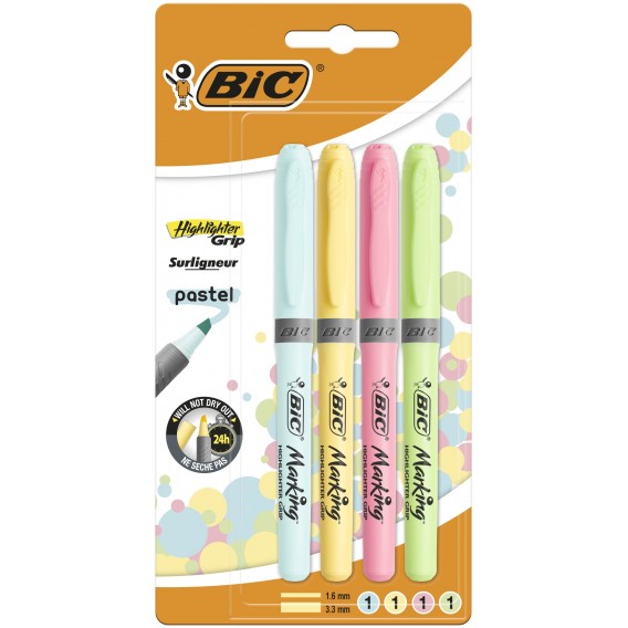SURLIGNEURS GRIP BIC COULEURS PASTELS POCHETTE DE 4