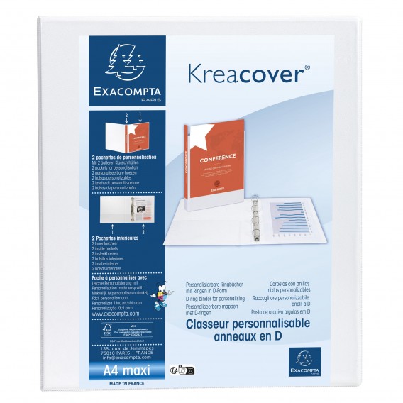 Classeur PP personnalisable Kreacover - 4 anneaux en D 20mm - A4 maxi Blanc