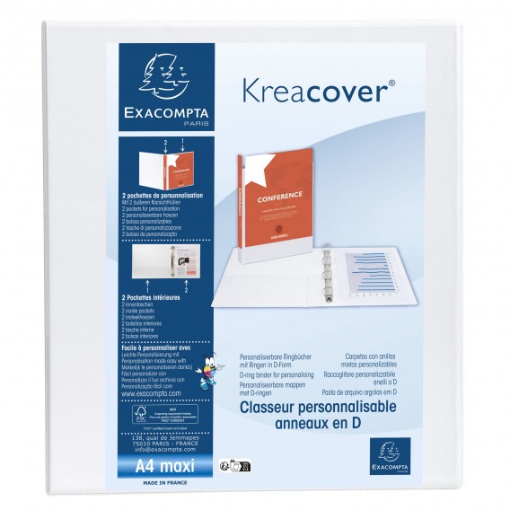 Classeur PP personnalisable Kreacover - 4 anneaux en D 40mm - A4 maxi Blanc