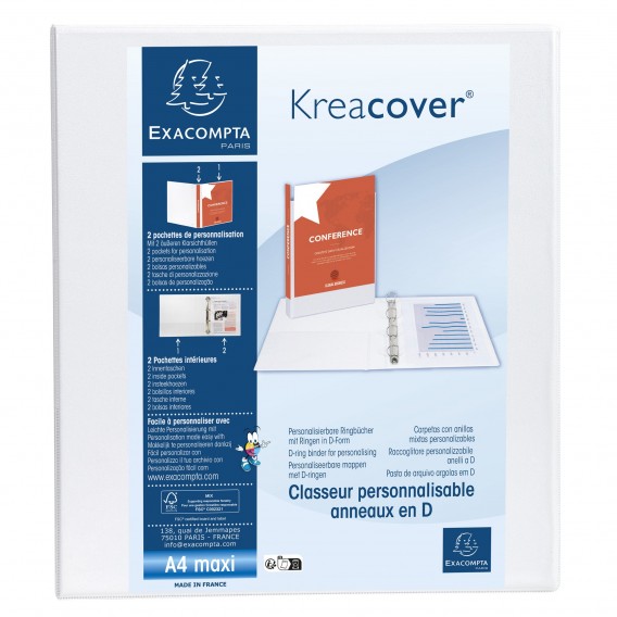 Classeur PP personnalisable Kreacover - 4 anneaux en D 50mm - A4 maxi Blanc