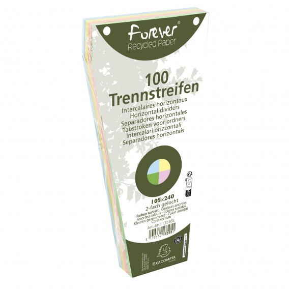 Paquet 100 fiches intercalaires trapézoïdales unies perforées Forever - 105x240mm Couleurs assorties