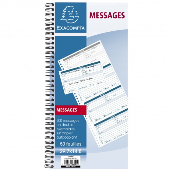 Carnet spiralé 29,7x14,8cm - Messages téléphones (4 à la page) - 50 feuilles dupli autocopiantes