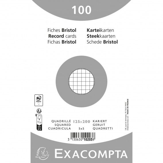 Paquet 100 fiches sous film - bristol quadrillé 5x5 non perforé 125x200mm Blanc