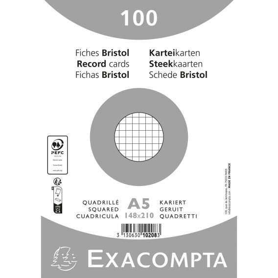 Paquet 100 fiches sous film - bristol quadrillé 5x5 non perforé 148x210mm Blanc