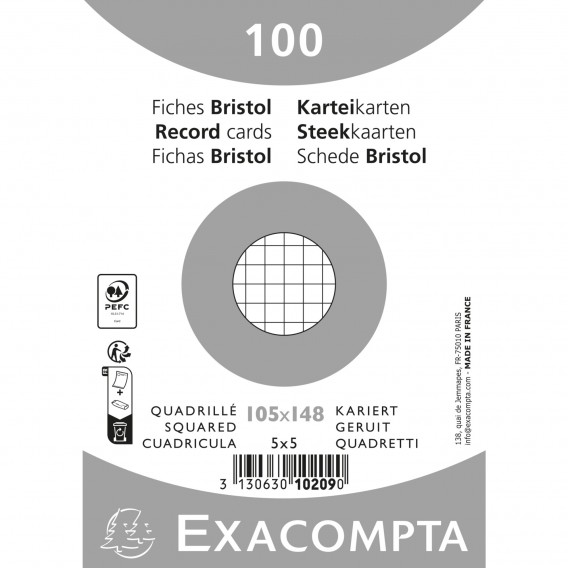 Paquet 100 fiches sous film - bristol quadrillé 5x5 non perforé 105x148mm Blanc