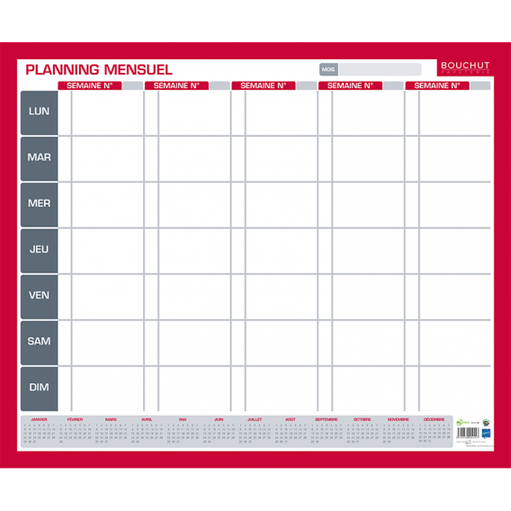 Planning Perpetuel Mensuel effaçable 50 x 60 cm Bouchut 