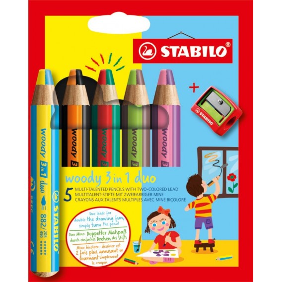 CRAYON WOODY STABILO DUO ETUI DE 5 ASS AVEC TAILLE CRAYON