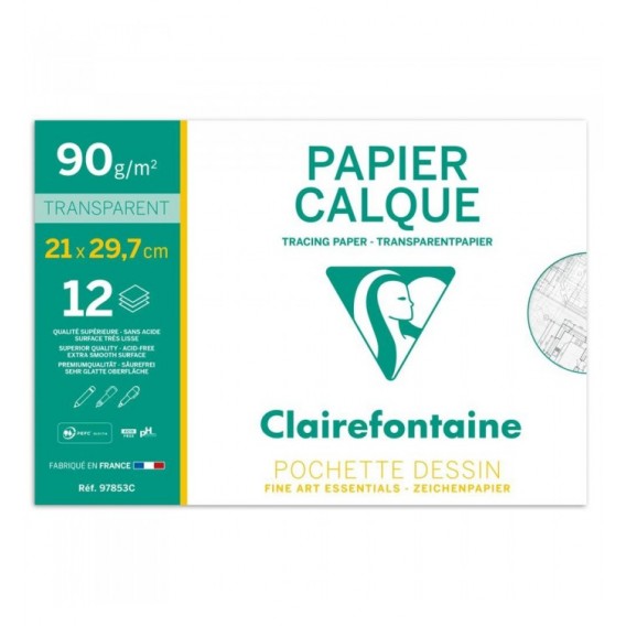 Pochette 12 Feuilles A4 papier calque hautement transparent A4 96853C Clairefontaine