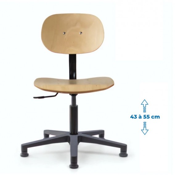 Siège d'atelier BAKA assise bois fixe Verin bas Patin