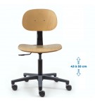 Siège d'atelier BAKA assise bois Contact permament Verin bas Roulette charge