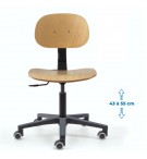 Siège d'atelier BAKA assise bois Contact permanent Verin bas roulettes sol dur