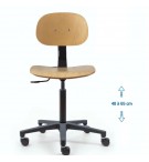 Siège d'atelier BAKA assise bois Contact permanent Verin moyen roulettes blocage en charge