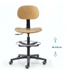 Siège d'atelier BAKA assise bois Contact permanent Verin haut+repose pied roulettes sol dur