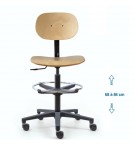 Siège d'atelier BAKA assise bois Fixe Verin haut+repose pied roulette blocage charge