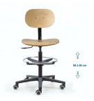 Siège d'atelier BAKA assise bois Fixe Verin haut+repose pied roulette sol dur