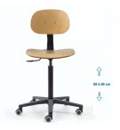 Siège d'atelier BAKA assise bois contact permanent Verin haut roulettes sol dur