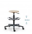 Siege d'atelier bois fixe verin haut + repose pieds roulettes blocage en charge