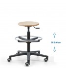 Siege d'atelier bois fixe verin haut + repose pieds roulettes sol dur