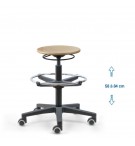 Siege d'atelier bois PRC verin haut + repose pieds roulettes sol dur
