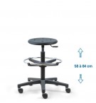 Siege d'atelier ROND fixe verin haut + repose pieds roulettes blocage en charge