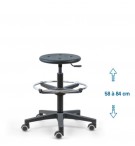 Siege d'atelier ROND fixe verin haut + repose pieds roulettes sol dur