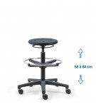 Siege d'atelier ROND PRC verin haut + repose pied roulettes blocage en charge