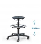 Siege d'atelier ROND PRC verin haut + repose pied roulettes sol dur