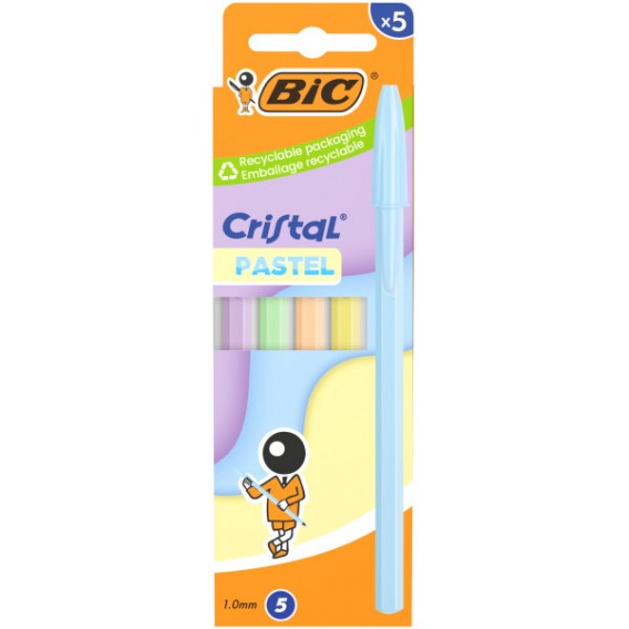 BIC CRISTAL ENCRE BLEUE - CORPS PASTEL  - POCHETTE DE 5