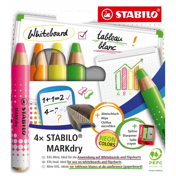 CRAYON EFFACABLE A SEC WHITEBOARD DRY STABILO - POCH, 4 ASS, FLUO