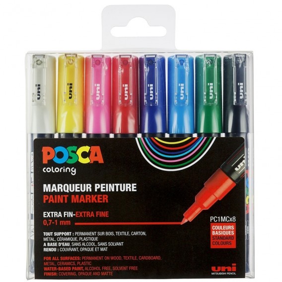 Pochette de 8 marqueurs POSCA. Pointe conique extra fine 0,7-1mm. 