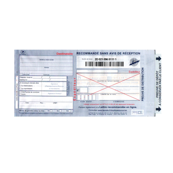 BOITE 100 LIASSES GUICHET RECOMMANDE SANS ACCUSE DE RECEPTION