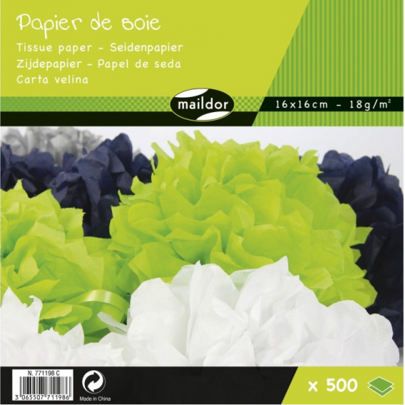 PAPIER SOIE 16X16 PAQT 500 FLLES ASS