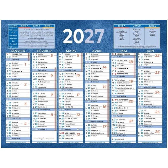 Calendrier mural annuel 2027 17,5 x 13,5 cm  6 mois / face