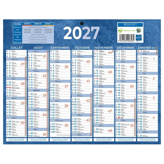 Calendrier classique 2027 7 mois recto/verso 1 trou 210x265mm Bouchut
