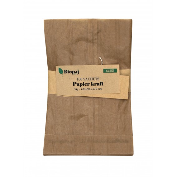 PAQUET 100 SACHETS KRAFT 35G 140+80X210mm