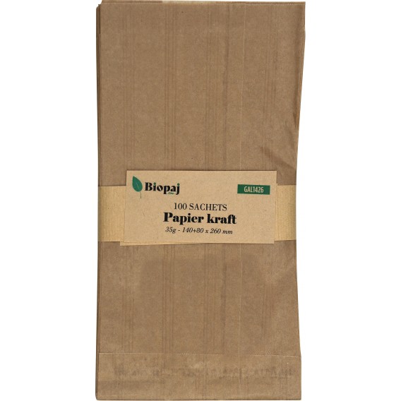 PAQUET 100 SACHETS KRAFT 35G 140+80X260mm