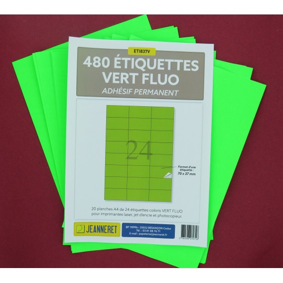 ETIQUETTES LASER VERT FLUO 70X37mm-PAQUET DE 480/3389-FV10