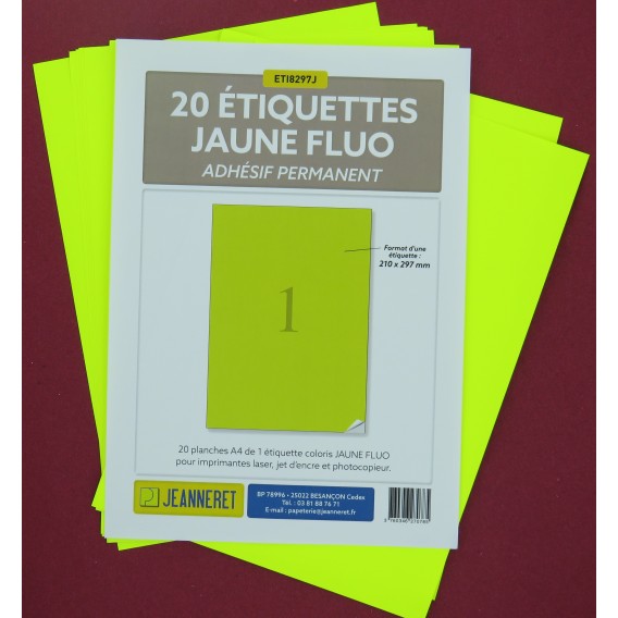 ETIQUETTES LASER JAUNE FLUO 210X297mm-BOITE DE 20/3394-FJ27