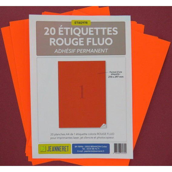ETIQUETTES LASER ROUGE FLUO 210X297-BOITE DE 20/3395-FR27