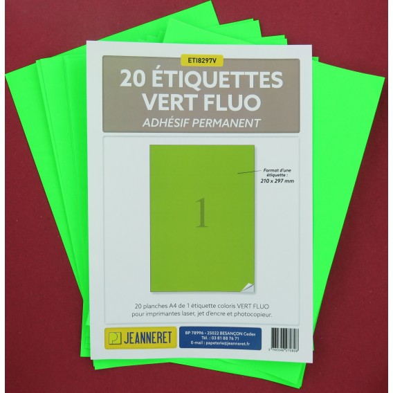 ETIQUETTES LASER VERT FLUO 210X297mm-PAQUET DE 20/3396-FV27