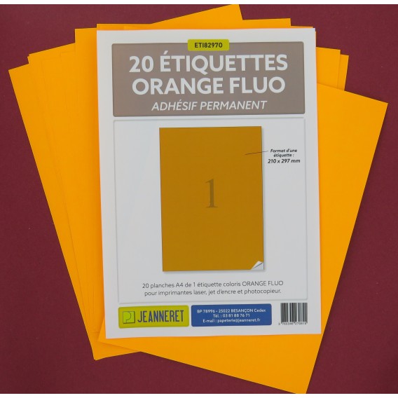 ETIQUETTES LASER ORANGE FLUO 210X297mm-BOITE DE 20/4034-FO27
