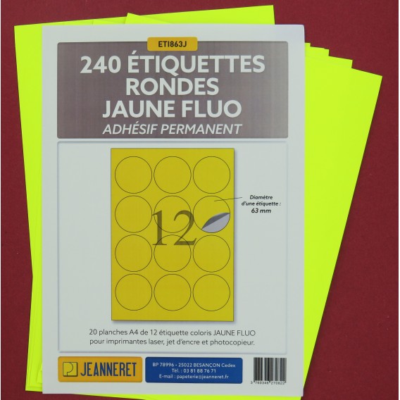 ETIQUETTES LASER JAUNE FLUO DIAM 63mm BOITE DE 240/0223-FJ21