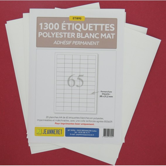 ETIQ POLYESTER BLANC MAT 38X21,2 /SACHET 1300